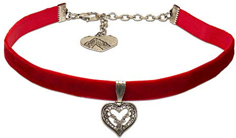 Alpenflüstern Trachten-Samt-Kropfband Strassherz Hirsch - nostalgische Trachtenkette enganliegend, Kropfkette elastisch, Damen-Trachtenschmuck, Samtkropfband schmal rot DHK263