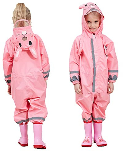 FILOWA Raincoat Kids Hooded All in One Waterproof Rainsuit Girls Puddle Suit Pink Rainwear Lightweight Portable Breathable PVC Hat Brim Zipper Muddy Suit for Childs 7-10 Years