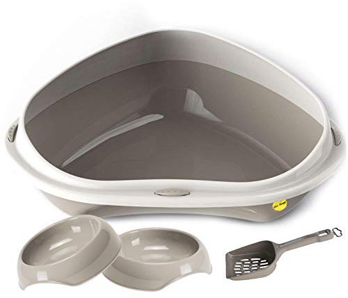 CAT CENTRE Large Corner Open Litter Tray Box Bundle Bowls Scoop Cat Kitten