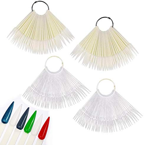 JZK 200 x Natural and clear false stiletto nail art tips colour display fan, stiletto nail swatch sticks with ring for nail art practice and swatching nail polish