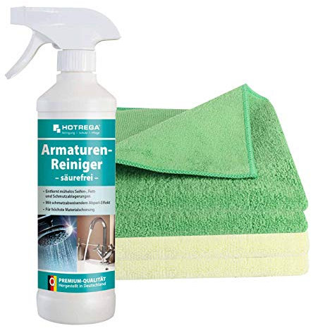 HOTREGA Armaturen-Reiniger säurefrei 500 ml inkl. 4 Microfasertücher Micro Star, Badreiniger, Küchenreiniger, Abperleffekt