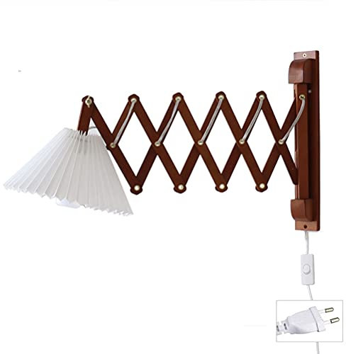 E27 Holz Wandlampe mit Schalter Flexible Leselampe mit Kabel Stecker Holz Scherenlampe Ausziehbare Wandleuchte Verstellbar Scherenarm Ziehharmonikalampe Nachttischlampe Weiß Stoff Schirm Wandleuchtung