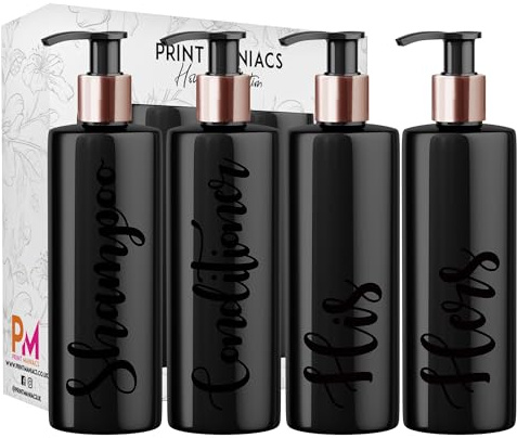 Print Maniacs Black Mrs Hinch Inspired Personalised 500ml Bottles Bathroom Lotion Kitchen Shampoo Conditioner Rose Gold Pump (Hand Wash Set) (Black)