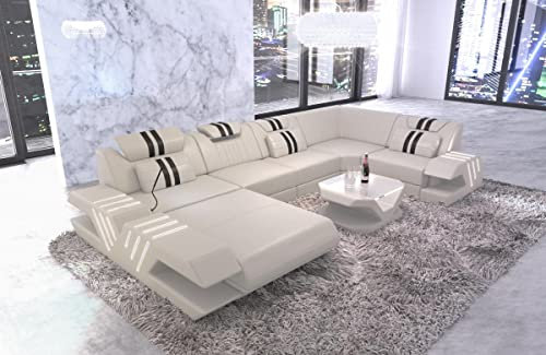 Wohnlandschaft Venedig U Form Sofa in Leder - mit LED Beleuchtung, verstellbare Kopfstützen, Recamiere/Lederfarben wählbar/Ausrichtung wählbar (Ottomane Links, Beige-Schwarz)
