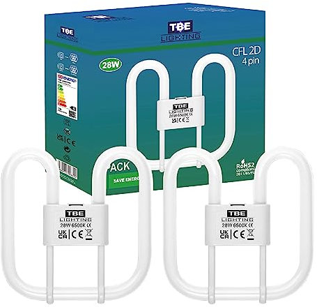 TBE LIGHTING 28w 2D 4-PIN CFL Energy Saving Lamps - DD Fluorescent Bulbs - 4-Pin GR10q Base Fittings - Long Life Lamp, Day Light White 6500K (2 Pack)