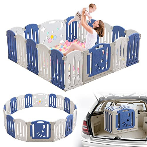 HENGMEI Laufgitter Baby Laufstall Absperrgitter faltbar Aktivitätszentrum aus Kunststoff mit Tür und Spielzeugboard Sicherheitsspielplatz für Kinder, Weiß und Blau(18 Stk)