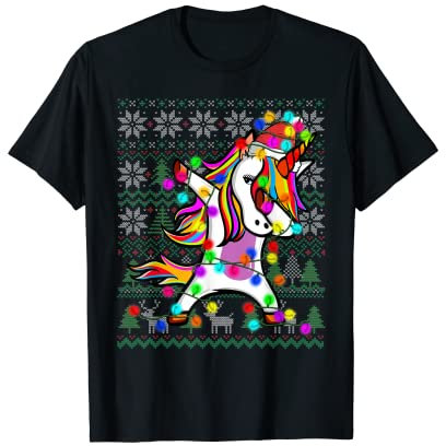 Dabbing Einhorn Lichterkette Ugly Christmas Sweater Kostüm T-Shirt