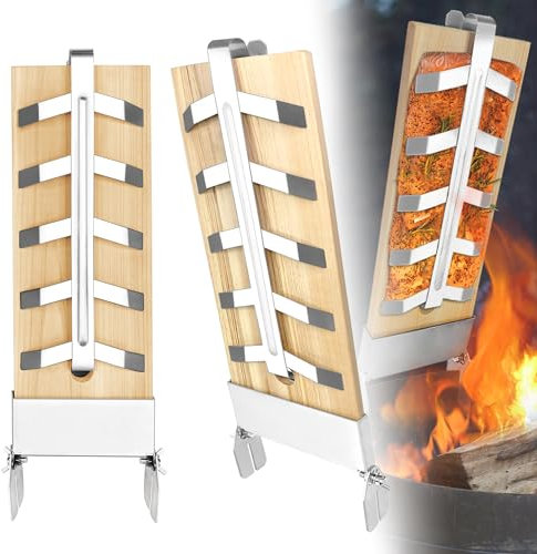 UISEBRT Flammlachsbretter mit Halterung aus Edelstahl, Grillzubehör Grill Fischhalter für Kugelgrill und Feuerschalen - 2er Set