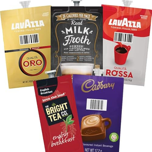 98 FLAVIA LAVAZZA ESSENTIAL SELECTION DRINKS SACHETS ORO. REAL MILK FROTH. ROSSA. ENGLISH BREAKFAST TEA. HOT CHOCOLATE