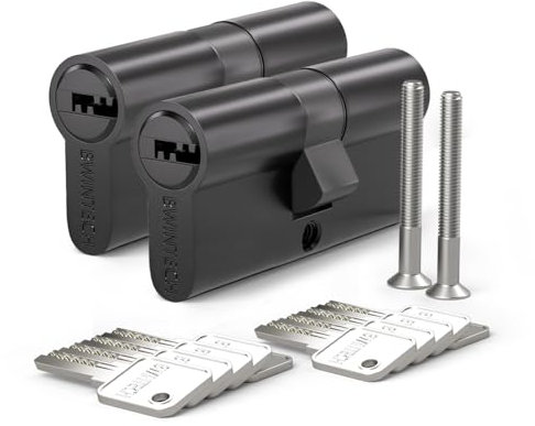 Bwintech 2 Stück Keyed Alike 35/35mm Euro Messingzylinder, 70mm Schlüssel/Schlüsselzylinderschloss mit 10 horizontalen Messingschlüsseln,Anti Picking,Anti Bohr,Anti Bumping, Schwarze Oberfläch
