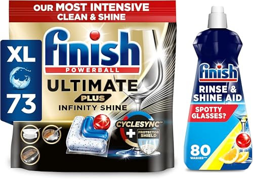 Bundle of Finish Ultimate Plus Infinity Shine Dishwasher Tablets | 73 Dishwasher Tabs | For Unbeatable* Clean & Diamond Shine + Finish Dishwasher Cleaner Rinse Aid | Scent : Lemon | Size : 400ml