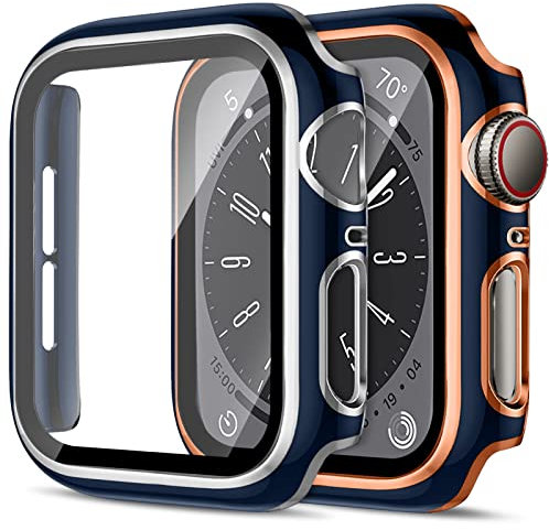 2 Stück Harte PC Hülle für Apple Watch Serie 6 5 4 SE 40mm Gehäuse mit Gehärtetem Glas,Anti-Kratz Bumper Absturzsicherung Vollständiger Schutzhülle für Apple Watch 40mm Cover,Blau&Rosegold/Blau&Silber