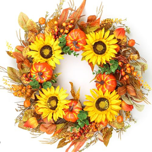 Lotus Hills Herbstkränze für Haustür, 61 cm, Herbstkranz mit künstlichen Sonnenblumen, Kürbissen, Beeren, Ahorn, Herbstkranz für Thanksgiving, Erntedekorationen, Herbsttürkranz, Herbstdekorationen