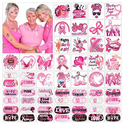 DPKOW 96pcs Cancer du Sein d'Octobre Rose Ruban Tatouages Temporaires pour Visage Corporelle, Tatouages de Déguisement, Sensibilisation Activité Accessoires Fournitures