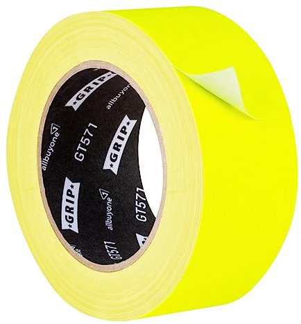 GRIP Eventbasics Neon Klebeband GT 571, fluoreszierendes Neon Gaffa Tape 50 mm x 25 m, sehr hohe Klebkraft, 48h ablösbar, handrissfähig, für Innen- und Außenbereich - neongelb