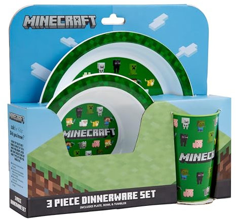 Minecraft 3 Piece Dinner Set with one dinner plate, Soup bowl & Tumbler BPA-free & Reusable Plastic Dinner Set and Dishwasher Safe for fan & Collector Officially Merchandise
