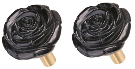 mookaitedecor Set of 2 Natural Black Obsidian Crystal Drawer Pulls and Knobs with Screws, Decorative Floral Rose Flower Stone Knob Handles for Cabinet Cupboard Kitchen Door Dresser