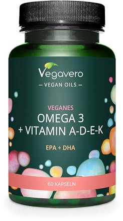 Omega 3 VEGAN | + Vitamina D3, K2, E, A | DHA + EPA | con olio di alghe Premium Life’s™ OMEGA Pressato a Freddo | Vitamine ADEK | 60 capsule vegane | Vegavero®