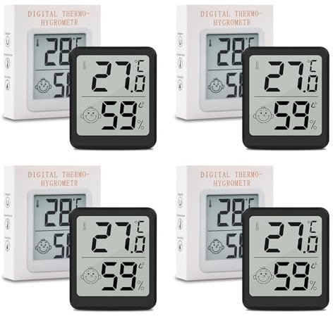 Wepai Lot Thermometre Interieur Maison, LCD Mini Digital Thermomètre avec Hygromètre, Mesure de Précision Murale pour Chambre Bébé, Culture et Cave, Noir,Lot de 4