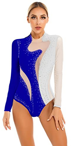 MSemis Damen Body mit Bein Langarm Body Stehkragen Top Gymnastikanzug Elastische Sport Turnbody Ballettanzug Tanz-Body Leotards Weiß & Königsblau L