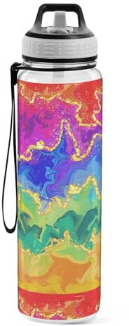 Sports Water Bottle Rainbow Marble Glitter Gold Fluid Tritan Drinking Bottle with Straw Large 1000ml BPA-Free Clear Leakproof for Kids Boys Girls Women Men Gym School