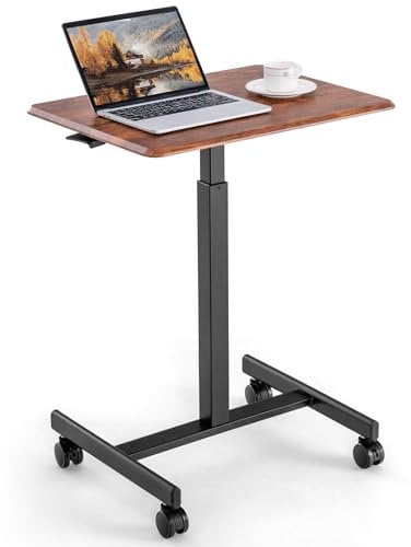 COSTWAY Mobile Standing Desk, Height Adjustable Laptop Overbed Table with Wheels, 65 x 48cm Rolling Computer Desk Workstation Teacher Podium for Home Office (Rustic Brown)