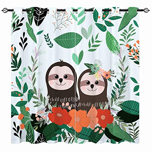 YUANZU Faultier Vorhänge Kinder Blume Tropisch Natur Ösen Gardinen mit Blickdichte Vorhang Kälteschutz Blackout Curtain Kinderzimmer Schlafzimmer Verdunkelung Fenster, 2 Stück, H 160 x B 132 cm