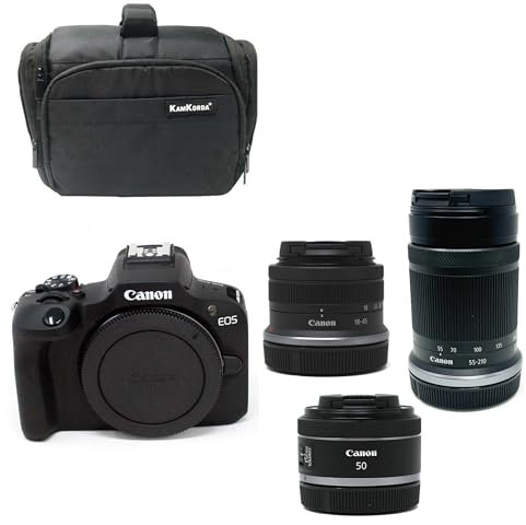 KamKorda Camera Bag + R100 Mirrorless Camera + RF-S 18-45mm + RF-S 55-210mm + RF 50mm f/1.8 STM lenses, 24.1MP APS-C CMOS Sensor, 4K Video + 2 Year Warranty