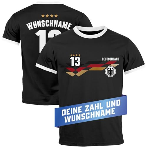 MoonWorks® Herren T-Shirt Trikot EM 2024 Frontprint und Backprint personalisiert mit Name Deutschlandshirt schwarz-weiß L