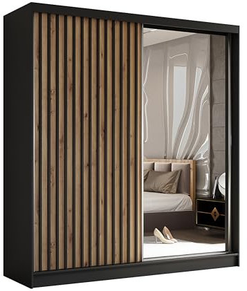 MargaretHadas24 Kleiderschrank Erika mit Lamellen und Spiegel inklusive 2 Schiebetüren Schwebetürenschrank 200 cm (schwarz, Artisan, schwarz)