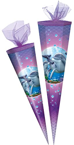 alles-meine.de GmbH Schultüte - mit 3D Glitzer - Effekt ! - Delfin & Fische - 50-85 cm - Größe wählbar - Zuckertüte - Tüllabschluß - eckig - rund - Mädchen - klein & groß - Ges..