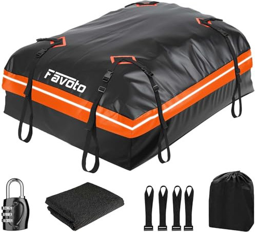 Favoto Coffre de Toit Voiture 425L - Sac de Toit Porte-Bagages Imperméable Pliable avec Tapis Antidérapant Crochet de Porte et Sangles de Renfort pour Le Transport des Bagages Orange