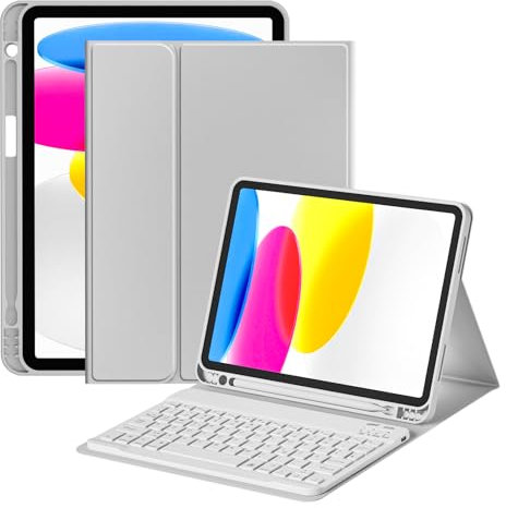 GKABXY Étui avec clavier pour iPad A16 11 génération 2025 (11), iPad 10 génération 2022 (10,9 pouces) avec porte-stylo, clavier sans fil, étui souple fin et léger, disposition QWERTZ, gris
