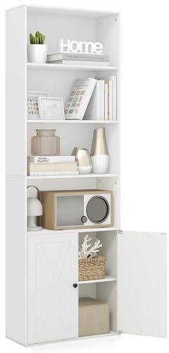 SFAREST 6-Tier Wooden Bookcase, Free Standing Display Unit and Organizer Cabinet with 2 Doors & 6 Storage Cupboard, Modern 180cm Tall Bookshelf for Living Room Study Office Bedroom(60 x 24 x 180 cm)