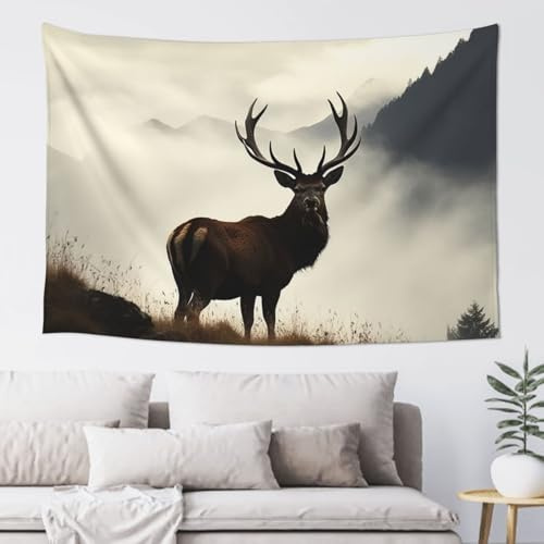 QVUEagriSJ Ästhetischer Wandteppich, Wandteppich für Wohnzimmer, Hirsch auf dem nebligen Berg, Wandteppich, Heimdekoration, Decke, Wandkunst, Banner, Poster für Schlafzimmer, Wohnheim (152,4 x 101,6