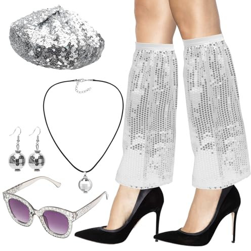 Yuragim Disco Accessoires 70er Jahre Kostüm Zubehör Set Glitzer Disco Hut Pailletten Stulpen Disco Sonnenbrille Discokugel Ohrringe Halskette 80er Jahre Outfit Damen für Fasching Karneval (Silber)