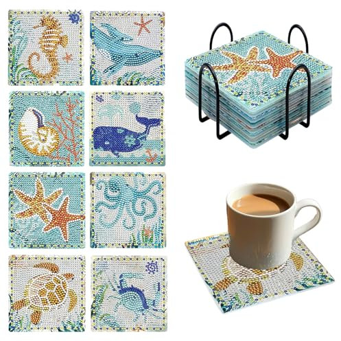 Syunyin Diamond Painting Untersetzer Set für Erwachsene, 8 Stück Untersetzer Diamond Painting Unterwasserwelt mit Halter, DIY Diamantmalerei Zubehör Basteln Diamant Tassenuntersetzer