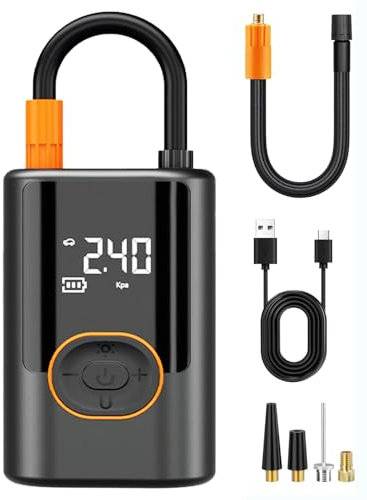 Bomba eléctrica para bicicleta, compresor de aire inflador de neumáticos, neumático de bicicleta portátil de 150 PSI, pantalla digital con 4 adaptadores de boquilla y luz LED/banco de energía para