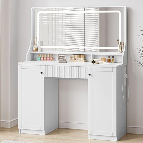 Dripex Dressing Table with Large Mirror and LED Lights, Bedroom Makeup Vanity Desk with Power Strip, 3-Color Dimmable Lights, 1 Drawer, 2 Cabinets, 3 Open Compartments,110x40x135cm, White