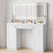 Dripex Dressing Table with Large Mirror and LED Lights, Bedroom Makeup Vanity Desk with Power Strip, 3-Color Dimmable Lights, 1 Drawer, 2 Cabinets, 3 Open Compartments,110x40x135cm, White