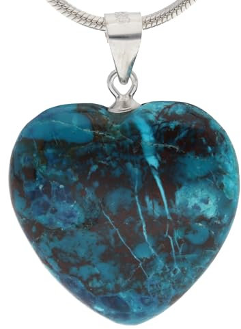 Lebensquelle Plus Herzanhänger aus echtem Edelstein | Öse aus 925er Silber - zwei Größen | Naturstein Anhänger Herz | Schmuck & Geschenkidee (Chrysokoll, M (2 x 2 cm))