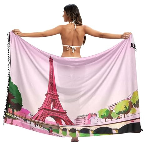 Parisien Tour de Paris Rose Ciel Sarong Jupe Cache-maillot de plage à pompons pour femme Taille L, Tour de Paris Ciel Rose, Taille L