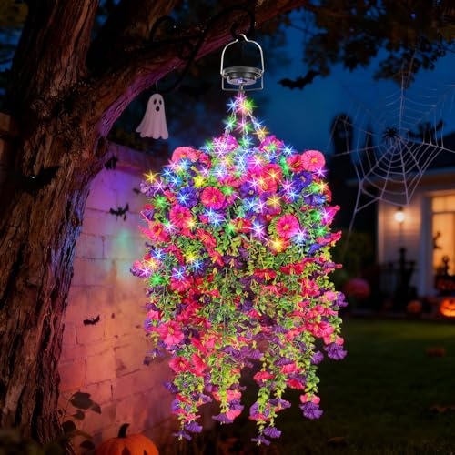 Halloween Künstliche Hängend Blumen mit Korb: 10 Zoll Hängend künstliche Kunstblumen Wie Echt für Balkon Deko - Morning Glory Hängende Pflanzen mit Solar RGB für Balkon Haus Veranda Garten - Purpurrot