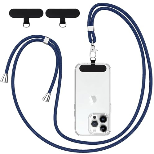 Knrlqim Handykette Universal, Handy Lanyard Chain Handyband Kette zum Umhängen, Einstellbar und Abnehmbar,Kordel für alle Smartphones mit 2 Stück Universelles Patch(ohne Hülle), Dunkelblau