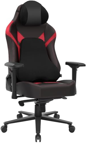 Fauteuil Gaming Ergonomique Wyrdforging, Chaise Gaming 4D Accoudoirs, Chaise de Bureau Haut Dossier avec Appui-TêTe & Coussin Lombaire, Chaise Bureau Inclinable, Base RenforcéE Cuir Pu Noir Daim Rouge