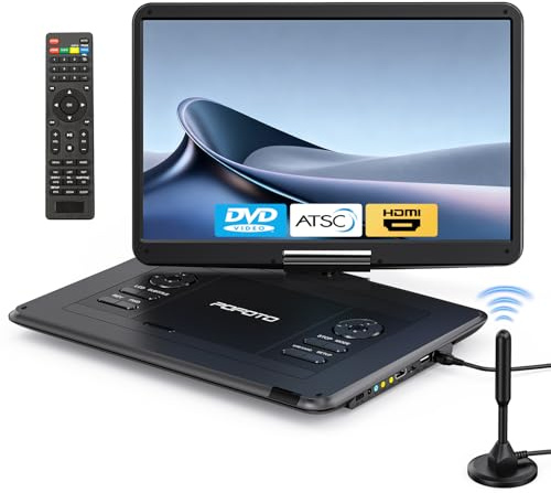 POFOTO 17,5 pollici TV/lettore DVD portatile con schermo girevole HD da 15,6 pollici, sintonizzatore ATSC integrato e FM, batteria ricaricabile, supporta HDMI in/USB/Micro SD/AV, formati multi-disco