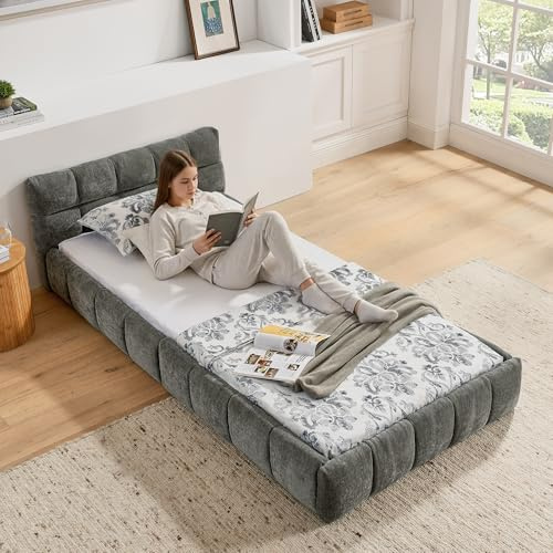 Yihomfy Polsterbett 90x200 cm mit Kopfteil, Einzelbett aus Eukalyptusholz & Eisenrahmen, Chenille, leicht zu montieren, Grau, Bed Frame für Jugendliche & Erwachsene (ohne Matratze)