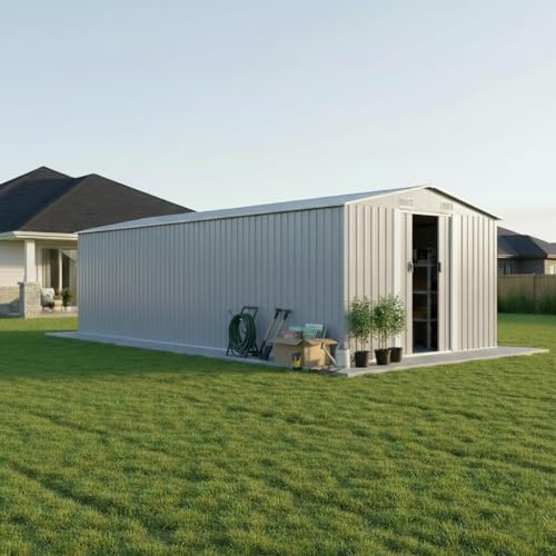 Gerätehaus Metall 257x580x181 cm Grau, Gartenhaus Holz Metall Kunststoff Alternative Mit Doppel-Schiebetüren, Gerätehäuser Für Werkzeuglagerung