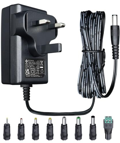 UKCA 9V 1A 9W 1.8M Power Supply Adapter with 8 Tips, 1000mA 500mA AC DC Switching Transformer 5.5x2.1mm Plug for Exercise Bike, Speaker, Bench Scales, Router, CCTV Camera, etc