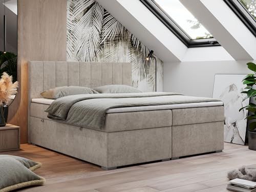 MKS MEBLE Boxspringbett 180x200 cm, Bett mit Multipocket Matratze H3 und Topper Visco, Boxspringbett mit Bettkästen, Polsterbett mit Kopfteil - Lope - Beige Struktur